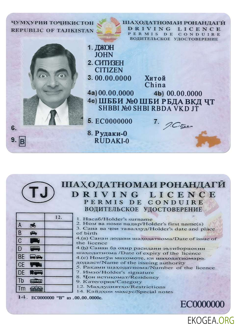 Tajikistan driving license PSD template, fully editable, version 2